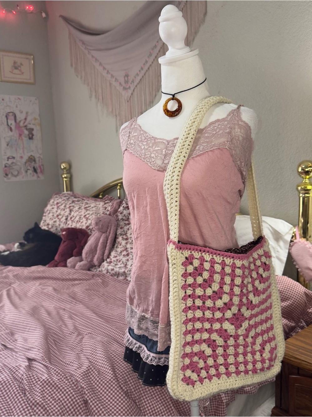Cream and Pink Crochet Shoulder Bag - Handmade Boho Style - Picture 8 of 9